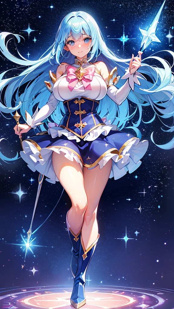 ((magical girl)), ((big breasts)), ((gorgeous starry sky background)), ((ultra-detailed)), ((best illustration)), ((cinematic lighting)), dynamic angle, floating, finely detailed, (glitter:1.2), (sparkle:1.2), (shine:1.2), classic, (painting:1.1), (sketch:1.1), (best quality), (masterpiece:1.2), (anime style), (solo), beautiful detailed face, (cute face:1.3), (big eyes:1.3), colorful hair, (long hair:1.2), (floating hair:1.2), (magical girl outfit), detailed outfit, (sparkling wand:1.3), (magical effects:1.3), (flowing skirt:1.2), (cute boots:1.1), (transparent fabric:1.1), (twinkle:1.2), (glow:1.2), (radiance:1.2), (flicker:1.2), (dazzle:1.2)