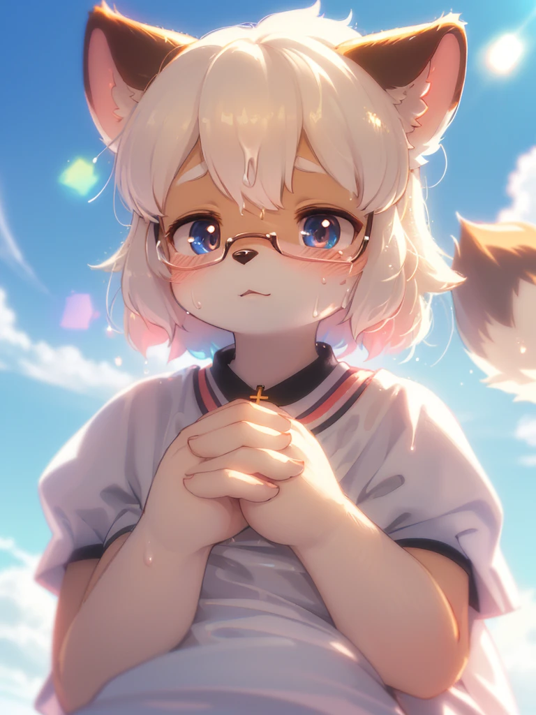 (Sumilux f1.4 75mm , low Latitude old color negative film , cross process , bokeh, flare, chromatic aberration , soft focus, (Shallow focus) , soft glow , Maximum aperture, High Key , Transparent depiction) , closeup face , dull geek female raccoon dog , splashing messy white cream on face , Maternal love