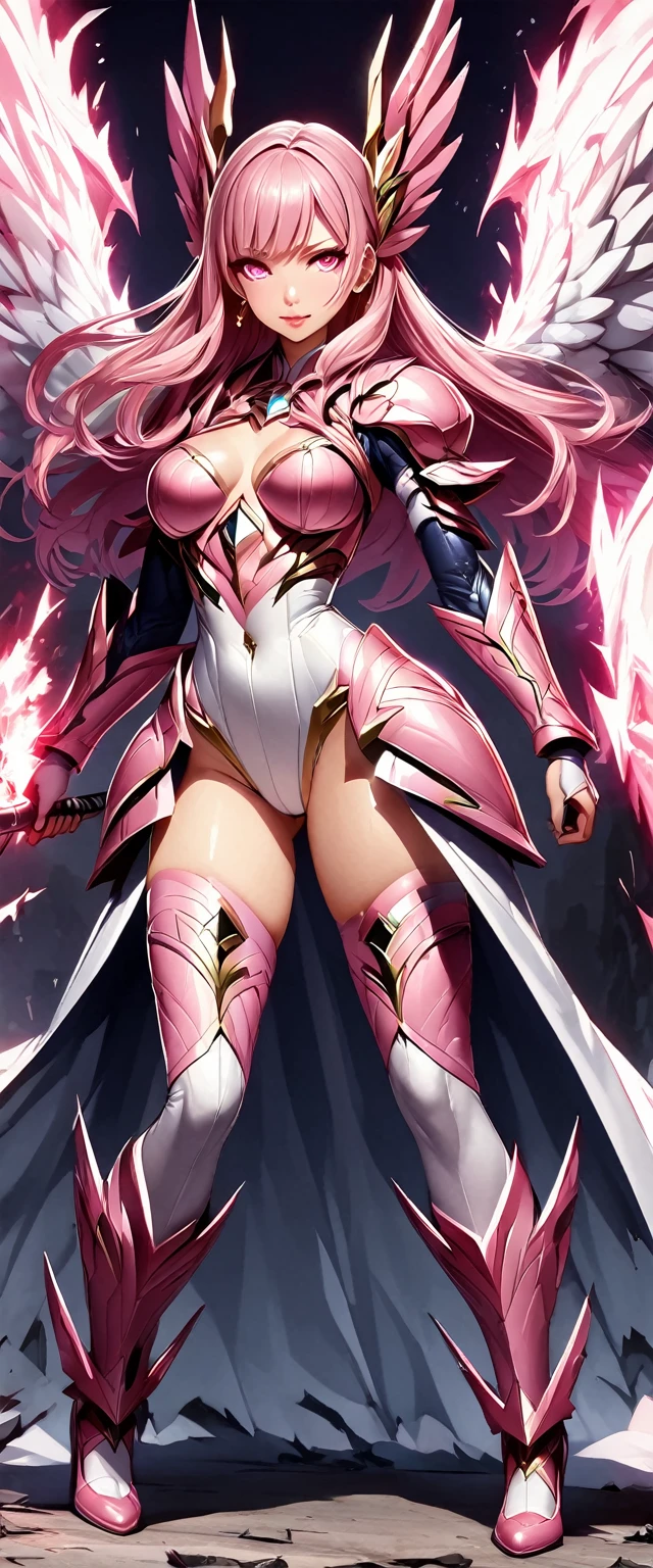 (Perfect Anatomy)、Mastepiece、Ultra High Quality、 8K、masterpiece、Highest quality、Ultra-high resolution、Maximum resolution、Very detailed、Professional Lighting、anime、woman、thin、so beautiful、Highly detailed eye、Highly detailed face、Golden earrings、Pink Hair,、Pink eyes、Mid-chest, pink lips, upper arm pink armor, white leotard, pink pattern, full body, magical girl, Angel Girl, pink thigh high stockings, white super long boots, pink gauntlet, high heels, hime cut, bridal hair accessory, glowing eyes, (Monsters attack:1.8), Attacking with fire magic, victory pose