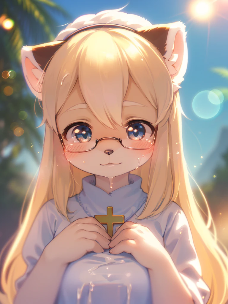 (Sumilux f1.4 75mm , low Latitude old color negative film , cross process , bokeh, flare, chromatic aberration , soft focus, (Shallow focus) , soft glow , Maximum aperture, High Key , Transparent depiction) , closeup face , dull geek female raccoon dog , splashing messy white cream on face , Maternal love
