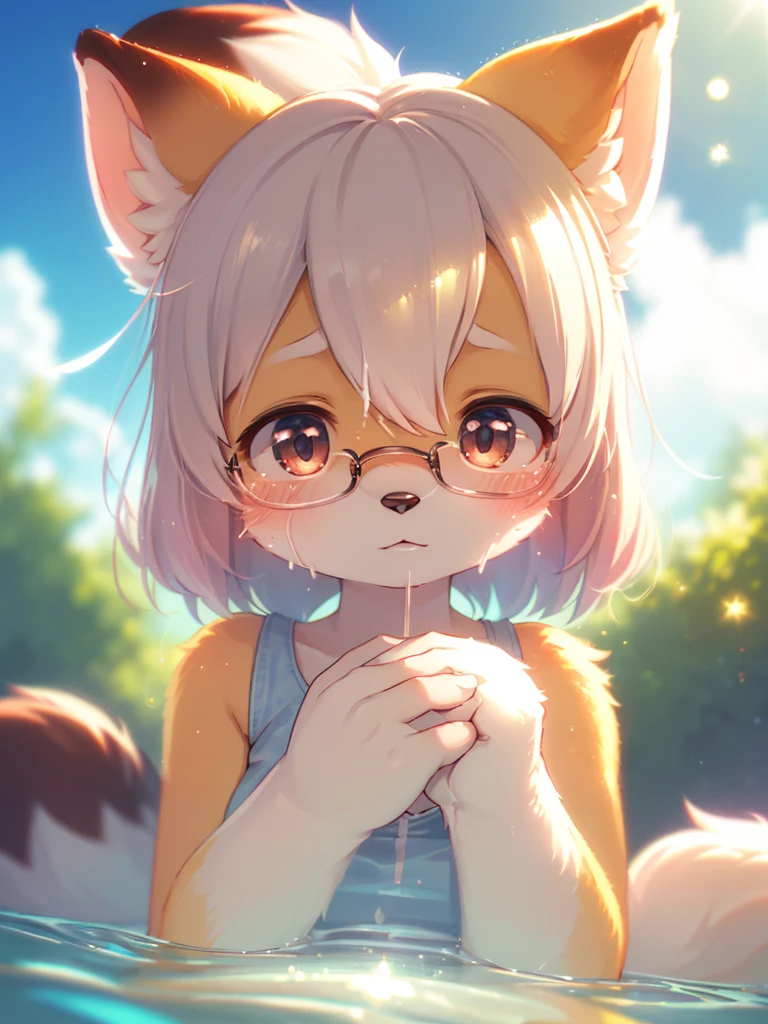 (Sumilux f1.4 75mm , low Latitude old color negative film , cross process , bokeh, flare, chromatic aberration , soft focus, (Shallow focus) , soft glow , Maximum aperture, High Key , Transparent depiction) , closeup face , dull geek female raccoon dog , splashing messy white cream on face , Maternal love