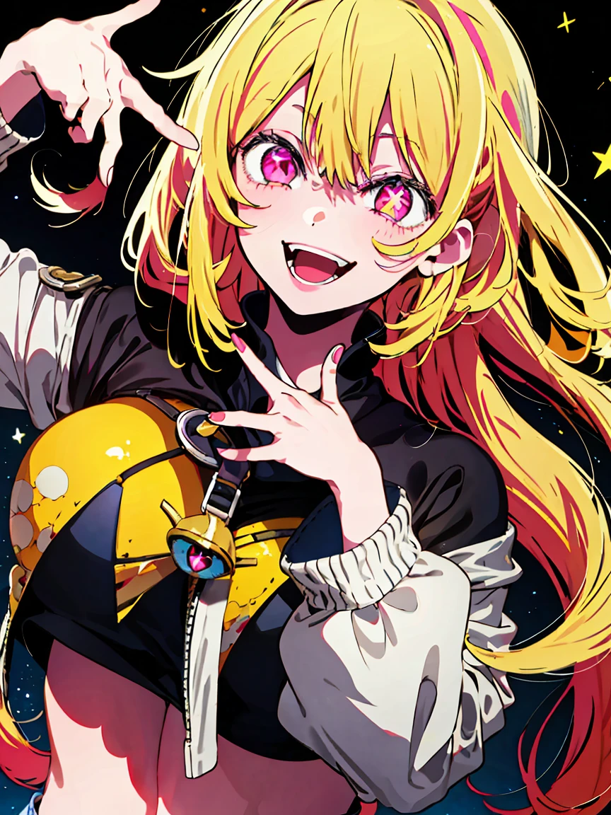 original character , One girl, (Crazy Smile:1.2) , Blonde , bangs , Crazy Eyes , Put your hands on your face , Yellow blood splatter on face , Yellow and black color scheme, Open your mouth, (Eyes Wide Open:1.2), Glowing Eyes, left Star-shaped eyes, Star-shaped eyes, Pink Eyes, Pink Eyes