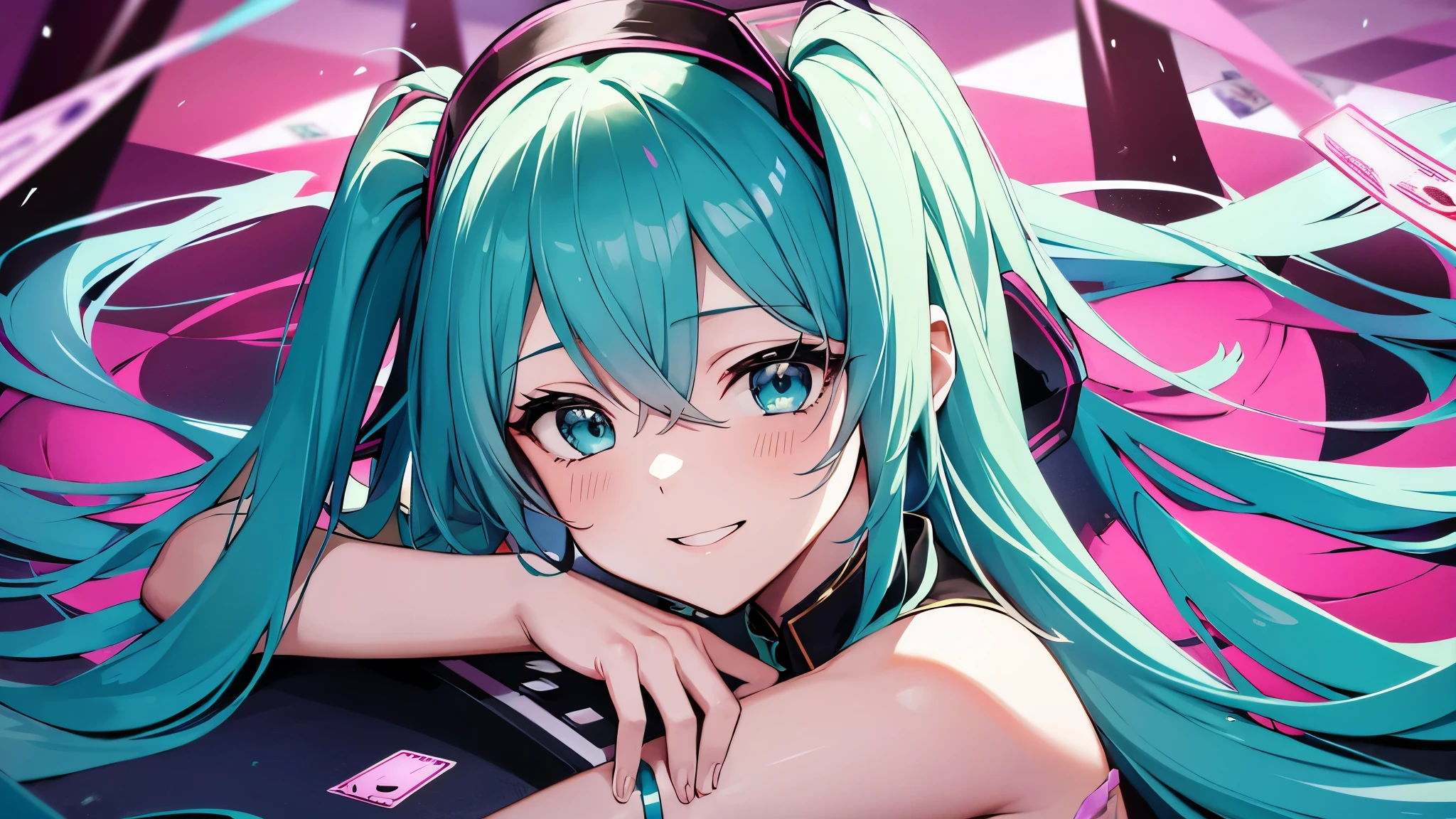Hatsune Miku、Anime characters、smile、Joker cards scattered around