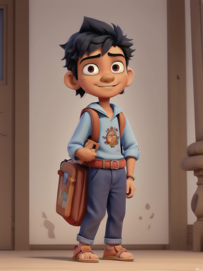 Lord Jagannath: Depict him as a young boy carrying a school bag over his shoulder and holding some books in his hand. His expression should reflect a sense of determination and curiosity.