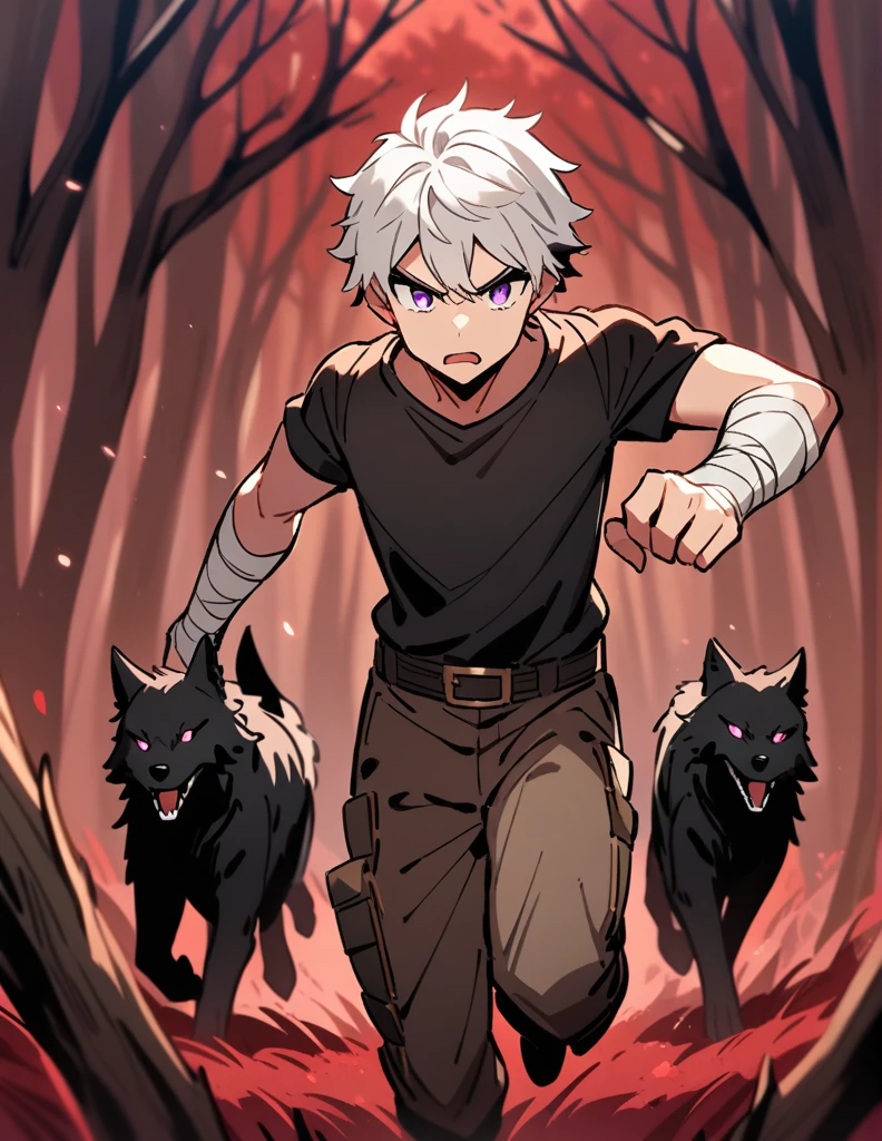 small Greek boy with white hair, violet eyes, wearing a black shirt, with his arms covered in bandages, desperately running from some angry black wolves, with a red forest of dry trees in the background