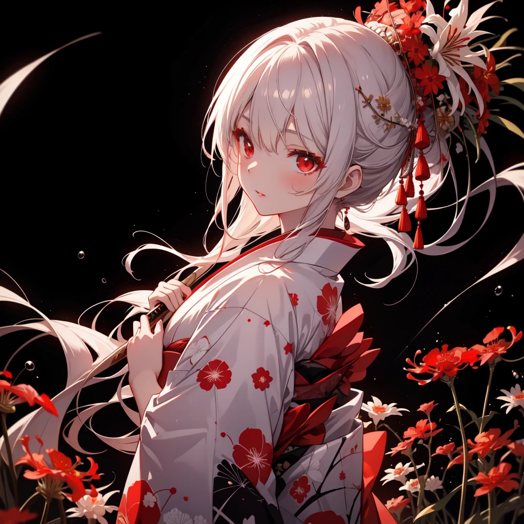 A girl in a kimono standing with a Japanese sword, White medium hair, Red eyes, Red lips, Kimono with red spider lilies on a black background, Red splash pattern on a black background, super high quality, Ultra-fine detail, Ultra-thin kimono pattern