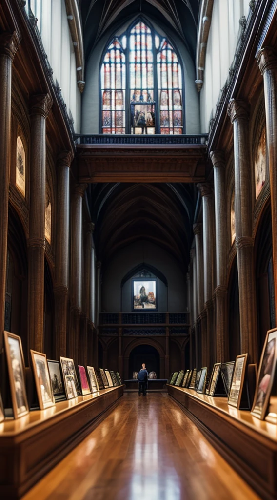 The museum, a great, great hall with many framed photographs. THE ACTION TAKES PLACE IN THE PICTURE AND IN THE HALL OF THE MUSEUM, THE PHOTOGRAPHS ARE "LIVE", THE GIRL in the photo is picking flowers at dusk and throwing them on the floor of the museum hall. 
Rich skin texture, ID photo, front view, chest up, medium shot, clean background, 8k, rich detail, real, high definition, extremely high quality, detailed detail, excellent detail, street background, detailed photo, high definition, detailed skin , detailed eyes, 8k UHD, high quality