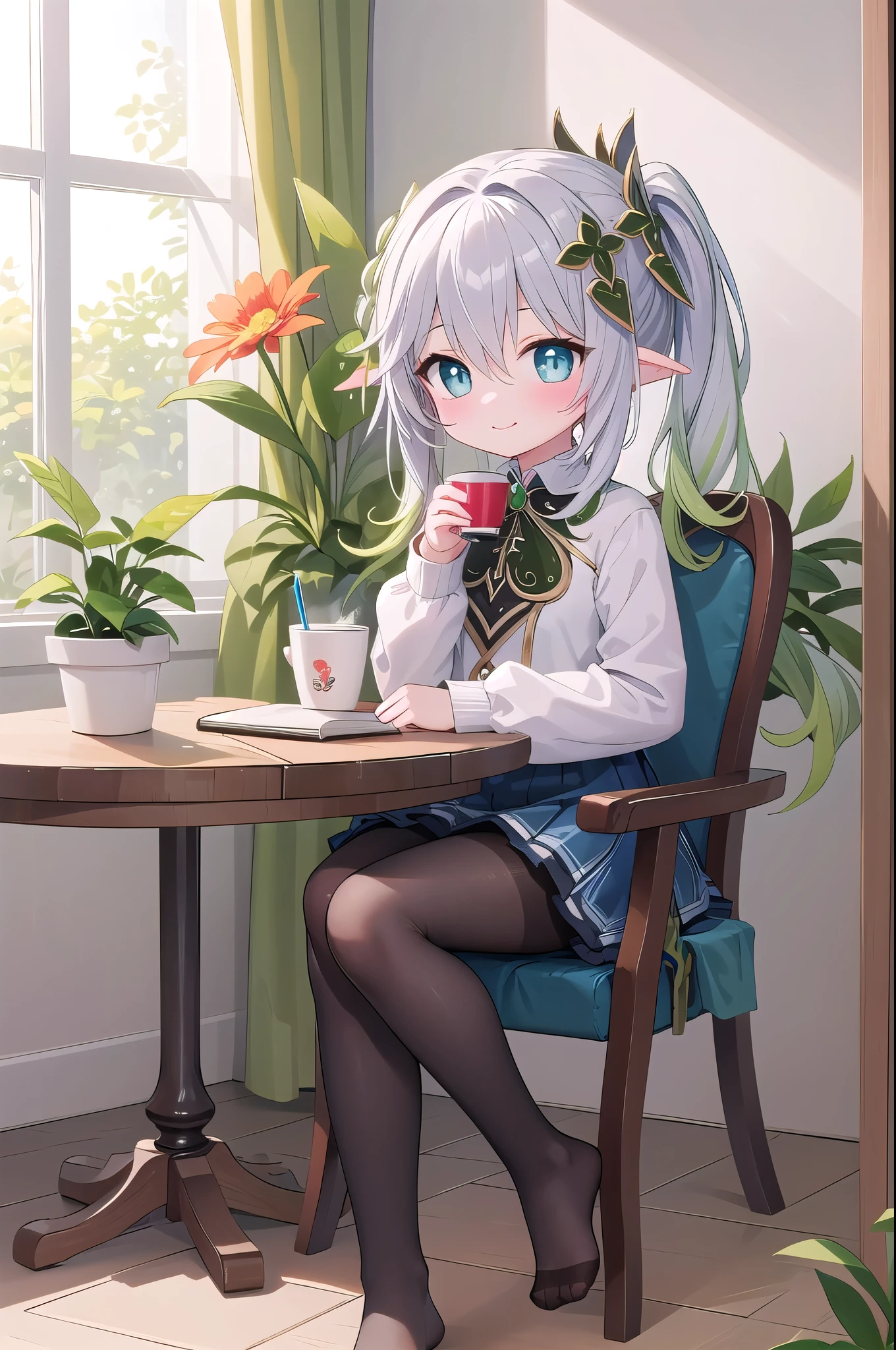 (best quality),(masterpiece),Dynamic Angle,(Extremely detailed illustrations),(Extremely detailed CG unity 8k wallpaper),Astonishing,Depth of Field,(Very detailed),((Extremely delicate and beautiful)),((1 Girl)),((Extremely detailed eyes and face)),Nahidadev,Bangs,  Black Legwear, blue eyes, blush, Book, Book stack, Bookshelf, cactus, Chair, Shut up, Cross your legs, cup, curtain, table, Eyebrows visible through hair, foot, flower, flower pot, Hair between the eyes, indoors, Long hair, Long sleeve, Looking at the audience, No shoes, on Chair, Pantyhose, picture \(Purpose\), picture frame, plant, potted plant, shirt, sit, skirt, Smile, Solitary, table, thighband Pantyhose, flower瓶, white shirt, window, wooden table