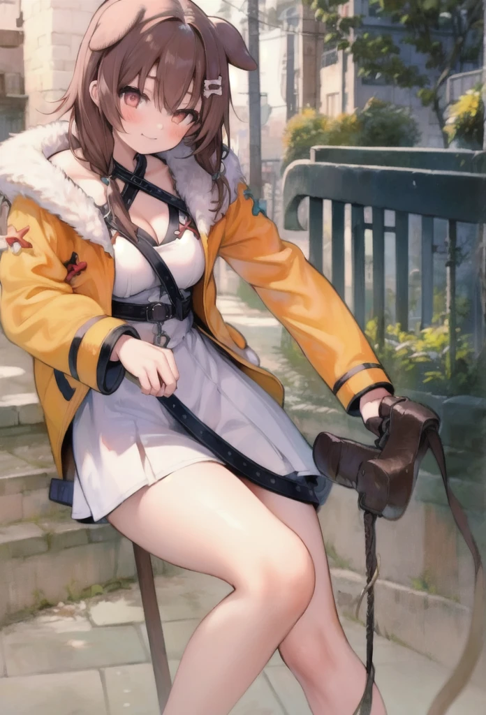 1.5),(girl),(Dynamic pose),Brown Hair,(Vermilion eyes),(first round),Big Breasts,White dress,Yellow coat,Korone