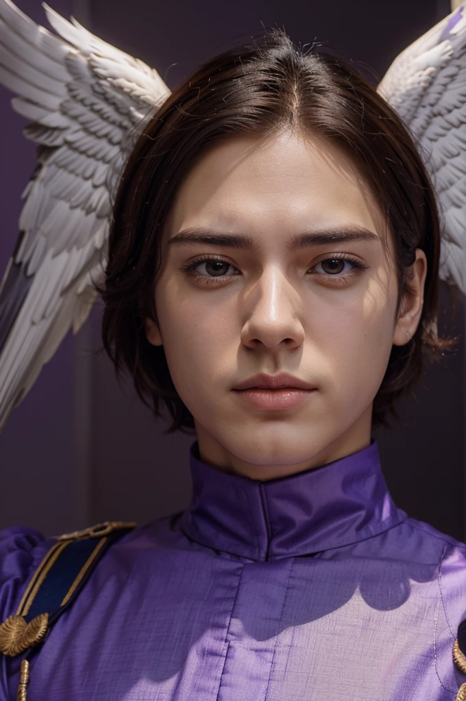 Digital manhwa 3d a beautiful man, wearing royal clothes , flat expression, short hair, purple background with eagle