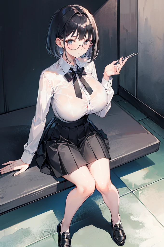 1 girl, glasses, (full body:1.2), sitting, (angle from below:1.1), (angle from the side:1.1), blush, (slim body:1.2), (huge breasts:1.3), (slender and long legs:1.1), black hair, short hair, white long sleeve shirt, pleated skirt, (black tights:1.1), black loafers,