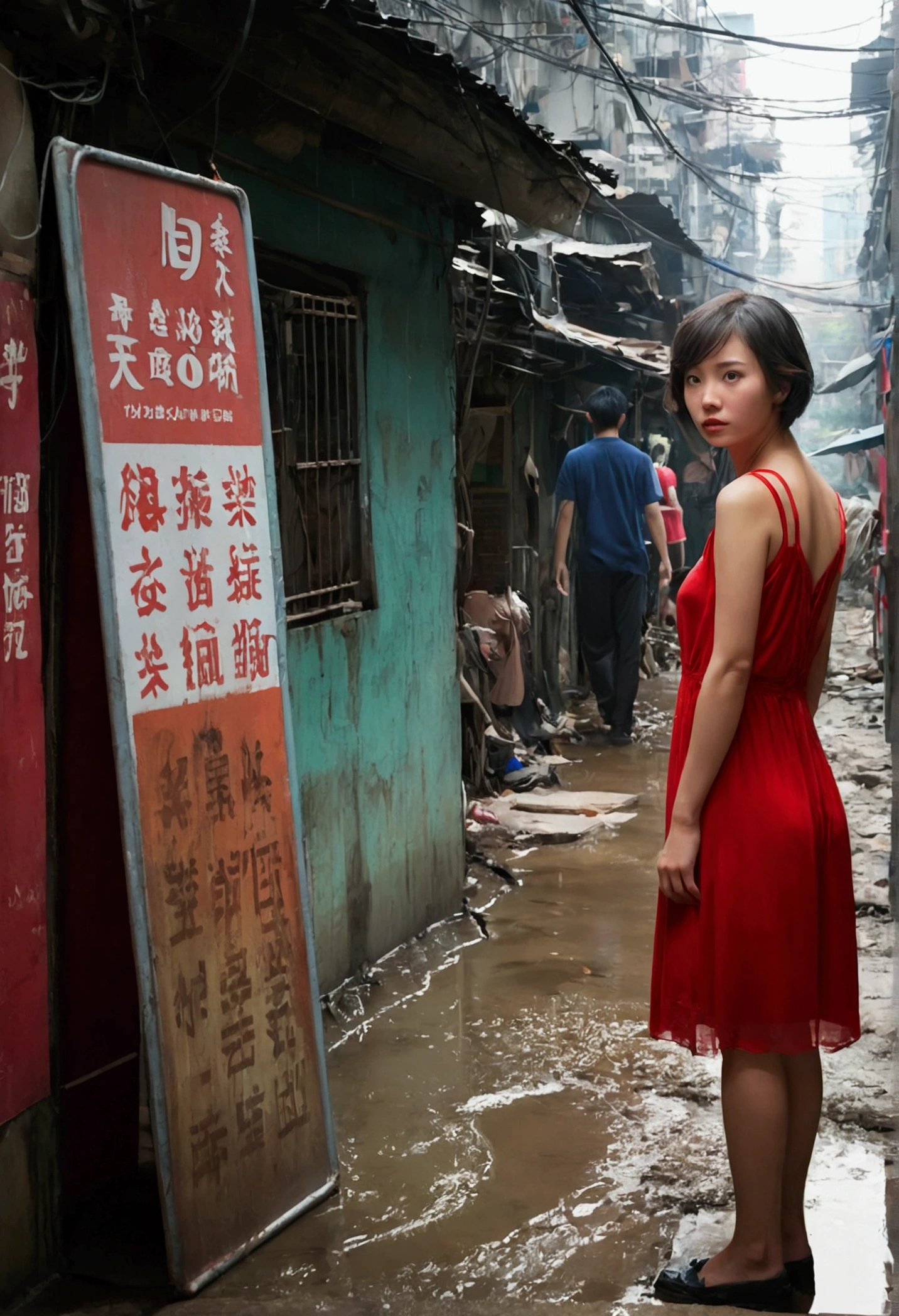Kowloon City、Backstreets、(Wet ground)、((Delicate depiction))、pipe、duct、electric wire、signboard、plein air,  青いnull, short hair, One girl in a red dress、((Beautiful girl))、null, Looking at the audience, Moody lighting,