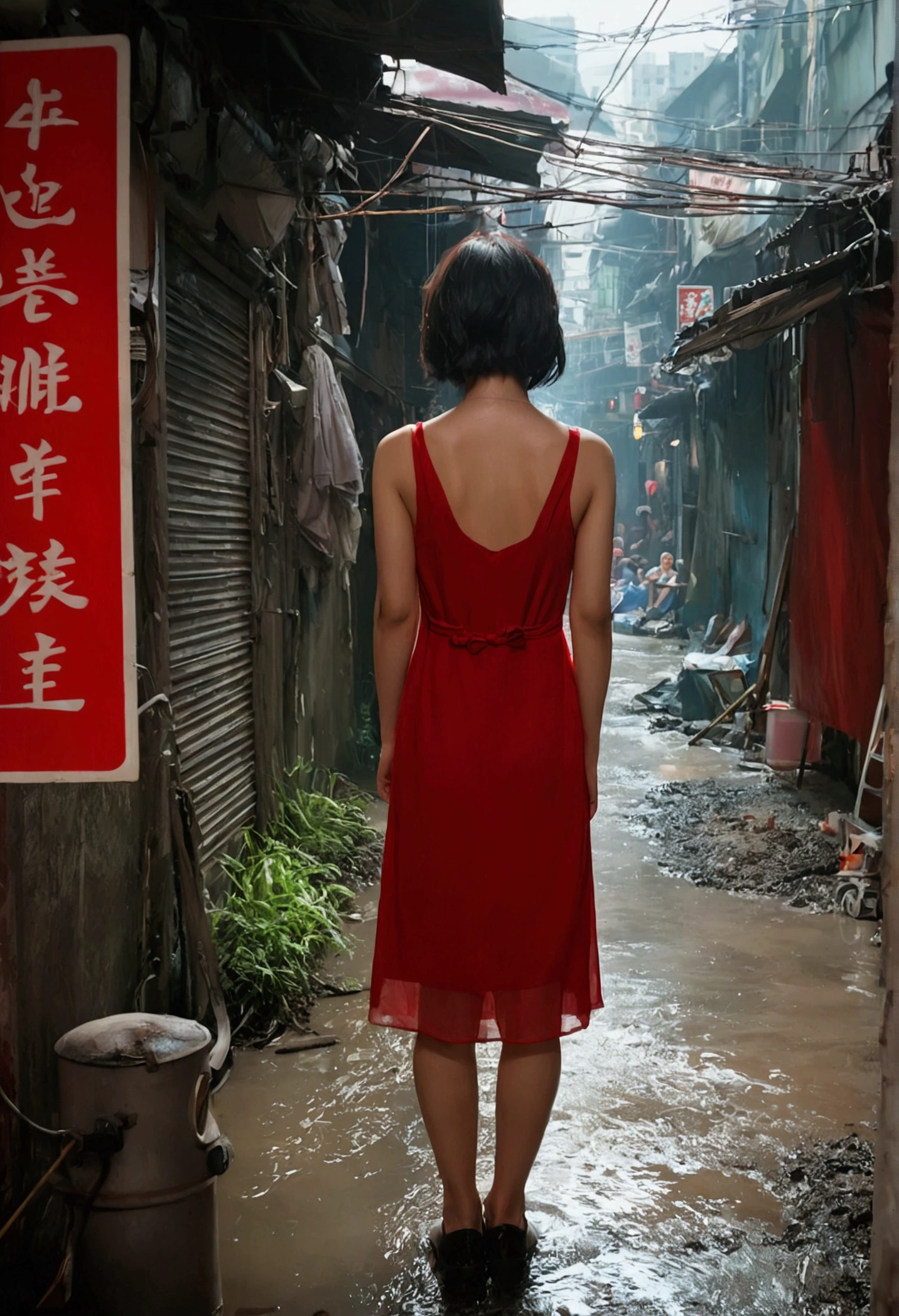 Kowloon City、Backstreets、(Wet ground)、((Delicate depiction))、pipe、duct、electric wire、signboard、plein air,  青いnull, short hair, One girl in a red dress、((Beautiful girl))、null, Looking at the audience, Moody lighting,