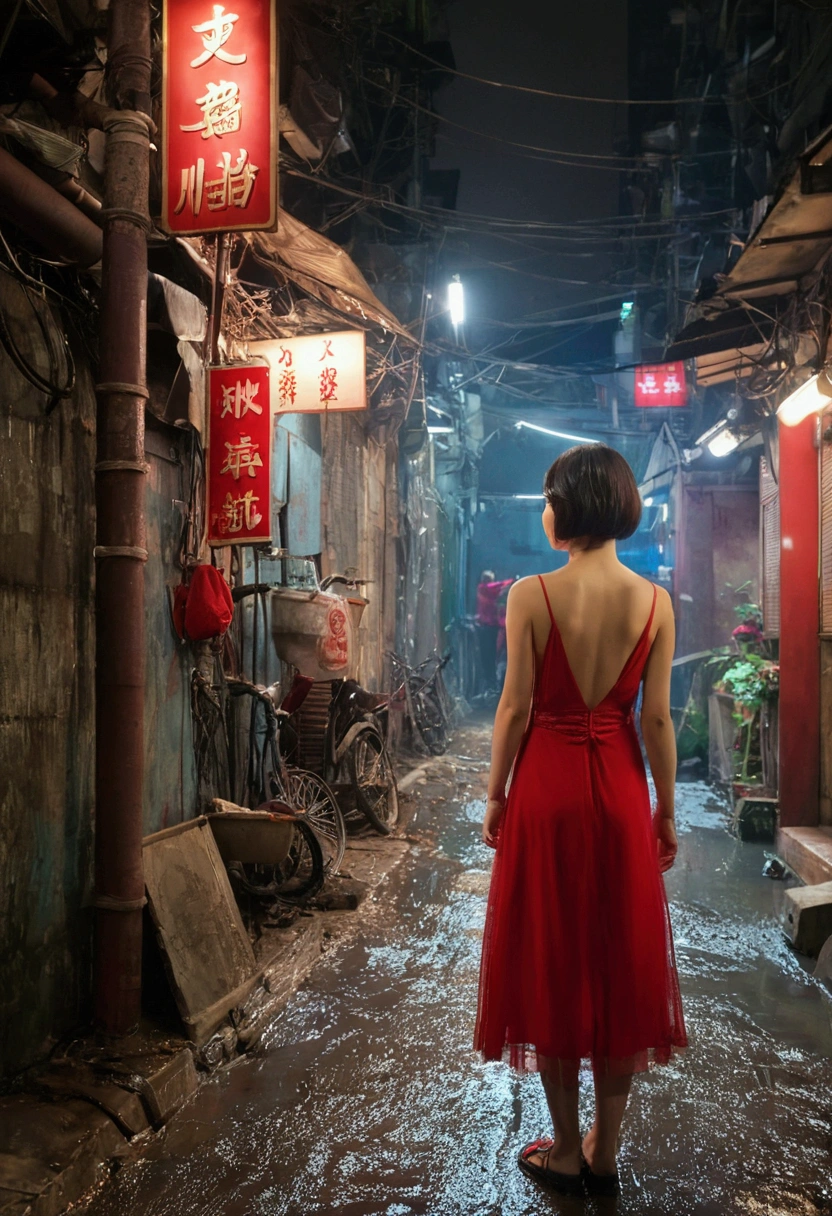 Kowloon City、Backstreets、(Wet ground)、((Delicate depiction))、pipe、duct、electric wire、signboard、plein air,  青いnull, short hair, One girl in a red dress、((Beautiful girl))、null, Looking at the audience, Moody lighting,