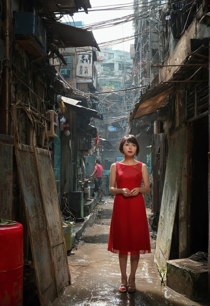 Kowloon City、Backstreets、(Wet ground)、((Delicate depiction))、pipe、duct、electric wire、signboard、plein air, 青いnull, short hair, One girl in a red dress、((Beautiful girl))、null, Looking at the audience, Moody lighting,