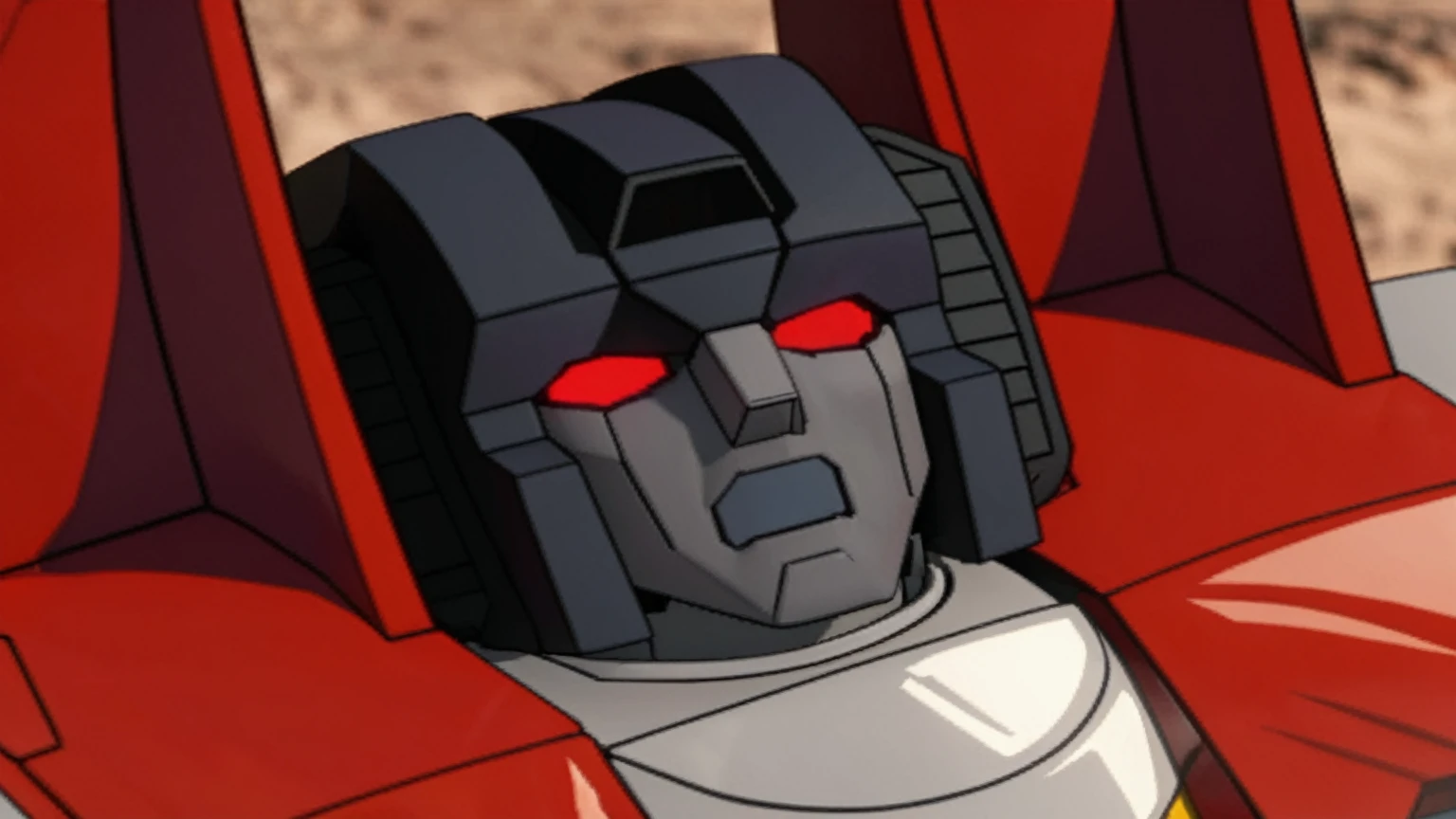 The background is blurred、8K、remaster、From G1 Transformers, Details of the masterpiece, RTX4090、starscream, Face close-up, Beautifully rendered、 Close-up view of the robot, 3d, CG,  Surreal,