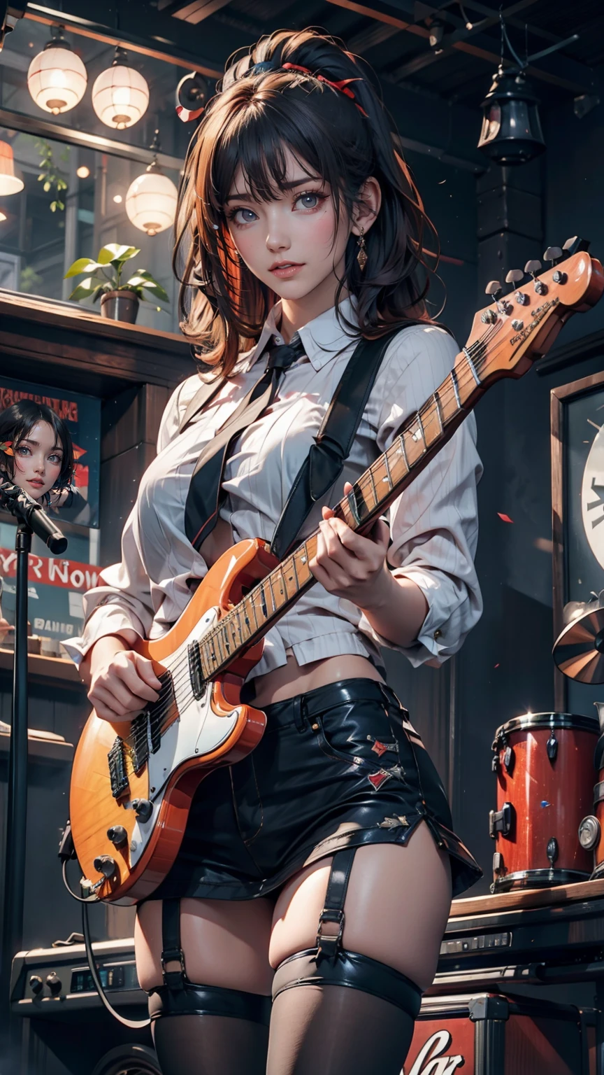 Highest quality,masterpiece,Ultra-high resolution,(Photo Real:1.4),One girl,View your viewers,Japanese women,garter belt、Garter Stockings、Punk Rock、3 women、Rock Live、Electric guitar、base、drum