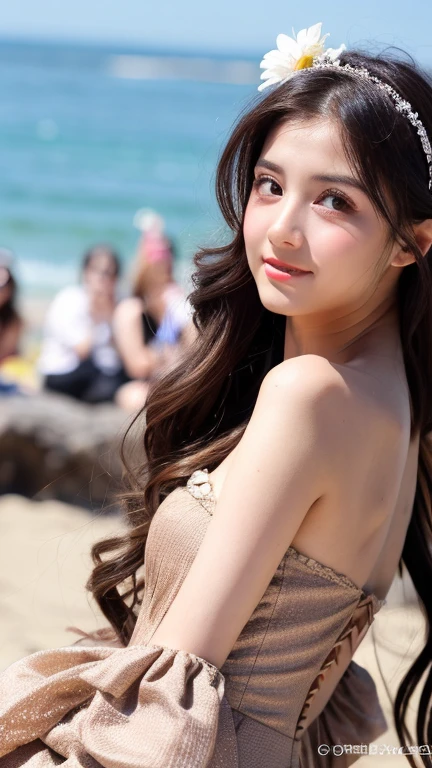 Super detailed photos, very cute and beautiful girl, Highly detailed beautiful face and dark eyes, Looking at the audience, Beautiful long hair, alone, Dynamic Angle, Cute Dresses, whole body, The sandy beach background is the sea, Highly detailed face, Beautiful Eyes, double eyelid, Natural eyes and mouth,Sexy pose