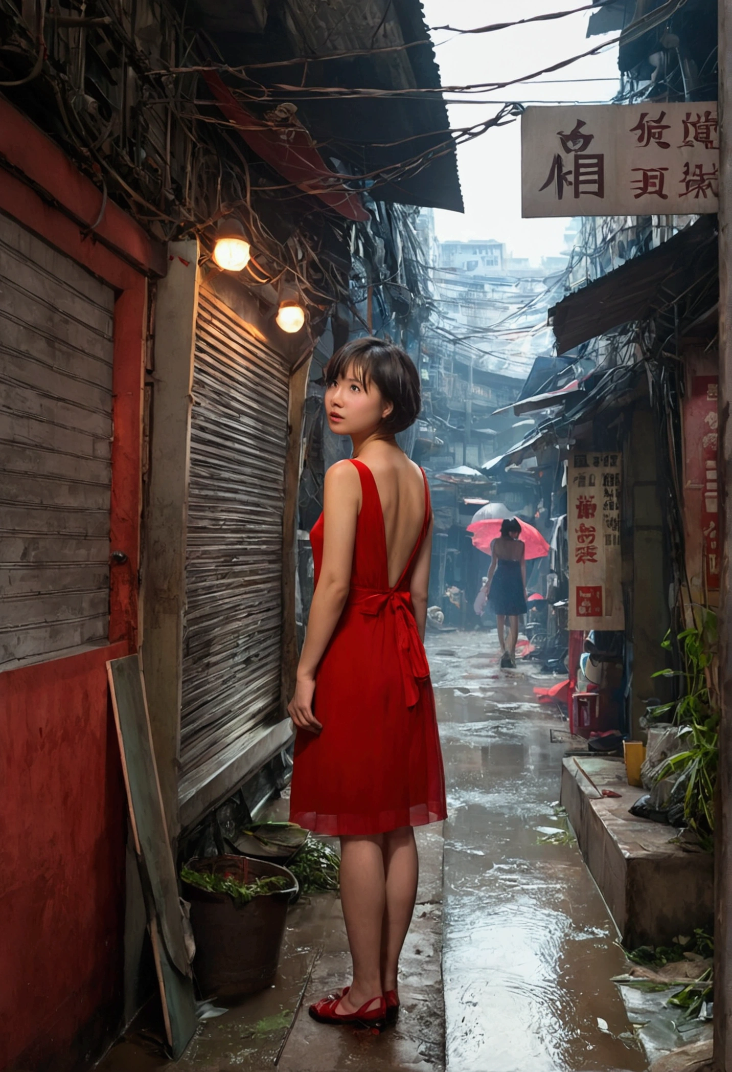 Kowloon City、Backstreets、(Wet ground)、((Delicate depiction))、pipe、duct、electric wire、signboard、plein air,  青いnull, short hair, One girl in a red dress、((Beautiful girl))、null, Looking at the audience, Moody lighting,