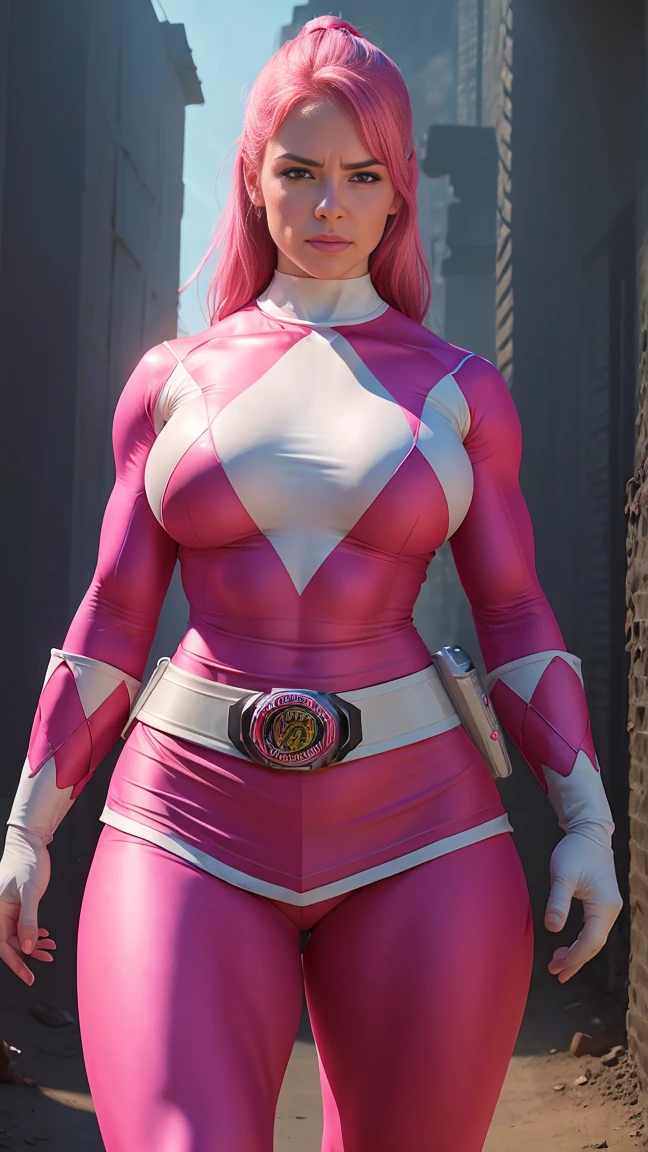 a muscular woman with large breasts, athletic body, pink hair, power ranger costume, dramatic lighting, fantasy, digital art, highly detailed, cinematic, photorealistic