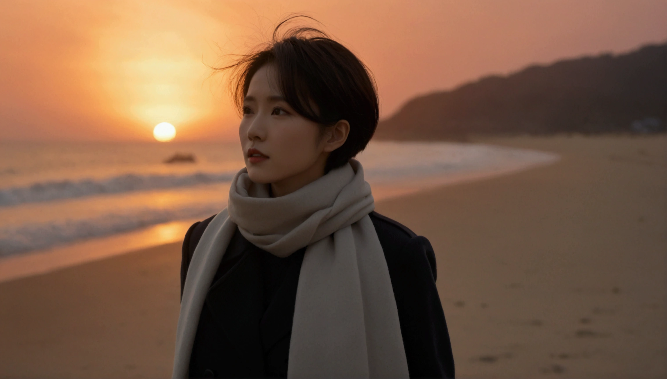 8K, 超high resolution, best quality, masterpiece, 1 woman, (36 years old:1.3), Korean woman,(wearing a long winter coat and scarf、Thin black double sided updo :1.5)、(The woman turned around with a very sad expression., 겨울 해변에서 바람에 휘날리는 short medium hair, her hair blowing in the wind:1.5)、(blurred background:1.5)、(red sky at sunset:1.5)、(complete ???????:1.5) (full finger:1.3)、realistic、Life drawing、high resolution、beautiful details、((thin legs))、red light of sunset, light and shadow, short medium hair,1 female camera 16-35 wide angle lens, 해변을 걷는 full body shot, black skirt, hair that touches the shoulders, standing on the beach, full body shot