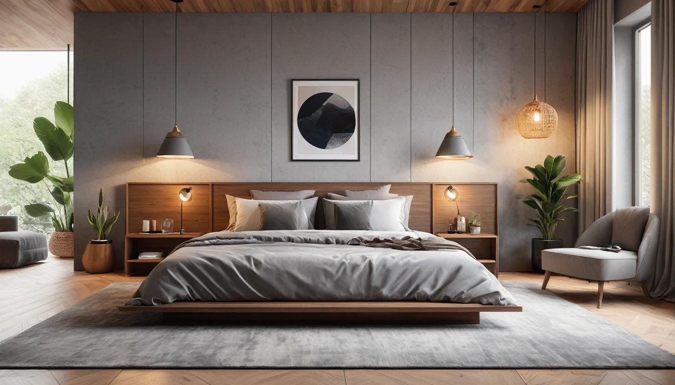 The best quality,4k,8k,High Resolutions,Masterpiece:1.2),ultra detailed,(realist,fotorrealist,fotorrealist:1.37), HDR, UHD, Studio lighting, ultrafine paint, sharp focus, physically based representation, extreme detail description, professional, vivid colors, bokeh, Gray modern style bedroom, minimalist, cozy atmosphere, slick design, clean lines, natural lighting, Floor to ceiling windows, spacious, Comfortable bed, Soft gray bedding, plush pillows, Elegant wooden furniture, geometrical forms, abstract illustrations, Contemporary décor, Monochrome color scheme, dull tones, bursts of color, accent wall, textured painted paper, warm lighting, Ambient lights, Pendant lamps, wooden floors, (wooden ceiling:1.3), neutral tones, decorative plants, Interior vegetation, cozy rug, Reading corner, big mirror, reflective surfaces, Stylish dressing table, organized closet, Natural Materials, serene environment.