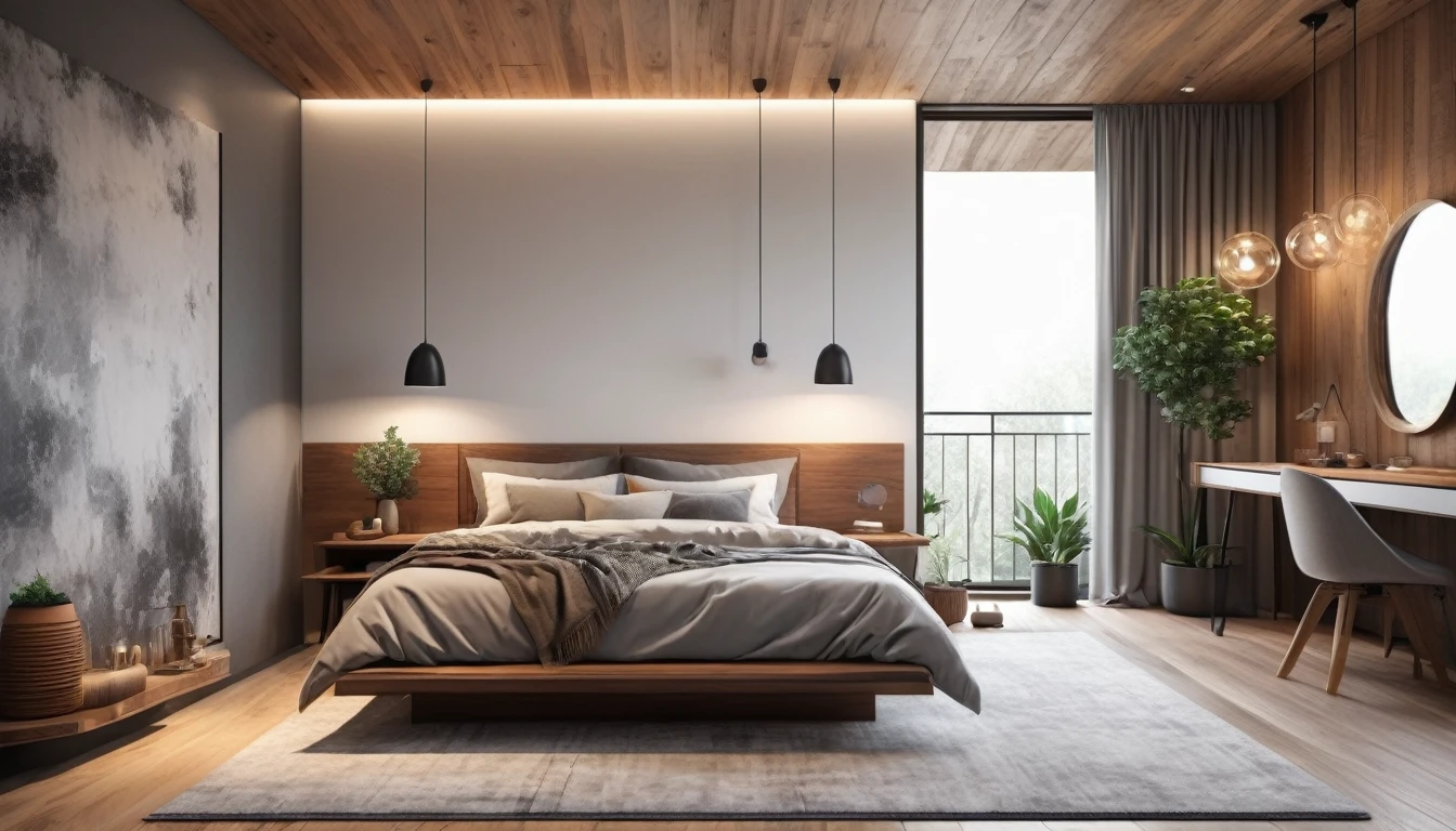 The best quality,4k,8k,High Resolutions,Masterpiece:1.2),ultra detailed,(realist,fotorrealist,fotorrealist:1.37), HDR, UHD, Studio lighting, ultrafine paint, sharp focus, physically based representation, extreme detail description, professional, vivid colors, bokeh, Gray modern style bedroom, minimalist, cozy atmosphere, slick design, clean lines, natural lighting, Floor to ceiling windows, spacious, Comfortable bed, Soft gray bedding, plush pillows, Elegant wooden furniture, geometrical forms, abstract illustrations, Contemporary décor, Monochrome color scheme, dull tones, bursts of color, accent wall, textured painted paper, warm lighting, Ambient lights, Pendant lamps, wooden floors, (wooden ceiling:1.3), neutral tones, decorative plants, Interior vegetation, cozy rug, Reading corner, big mirror, reflective surfaces, Stylish dressing table, organized closet, Natural Materials, serene environment.