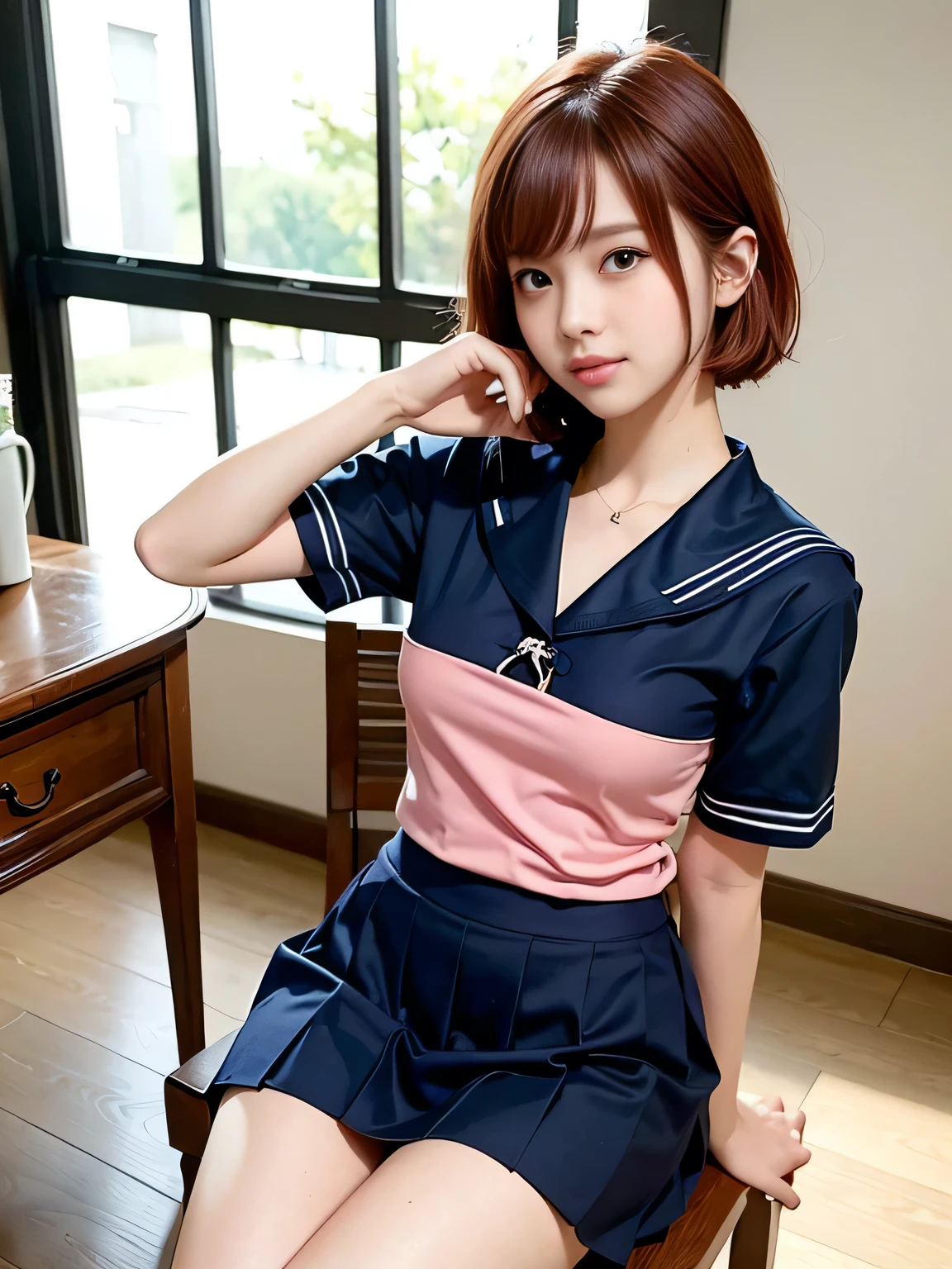 (masterpiece:1.3)、Very fine finish、(High resolution、8K:1.3)、(Highest quality)、(Ultra-realistic as a photo:1.3)、Correct limbs、Anatomically correct, The face is in focus、Sitting in a chair、I can see your thighs、Sexy super high resolution face、The face is in focus、Ultra high definition and beautiful eyes、Concentrated eyes、Eyes are symmetrical:1.3、High quality and beautiful skin、Firm Skin、Ultra HD Hair Texture、Japanese women、20-year-old、Red Hair、Short Bob Cut、very cute, Half Up:1.3, high school girl、high school girl break (A short-sleeved navy blue high school girl's uniform、Navy blue sailor suit with short sleeves:1.3), (Embarrassing:1.3), (blush:1.3), (Troubled expression:1.3), Mr..々Shooting angle:1.3, View your viewers, Browsing Caution, Licking fingers、Yellow wall,((smile))