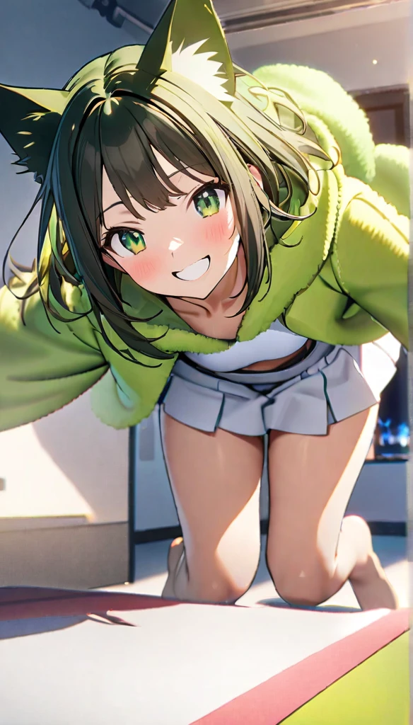 1girl,brown short straight hair,green eyes,cat ears accessory,white blazer on top a green fluffy hoodie,white skirt,perfect lean body, enthusiastic smile ,8k,high definition ,cat spirit energy in the background,