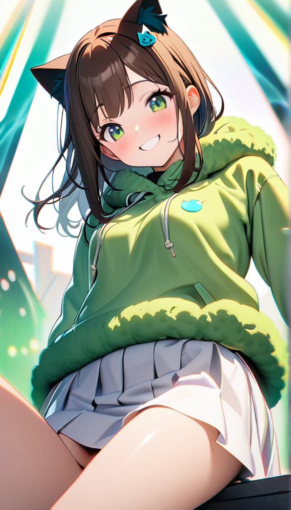 1girl,brown short straight hair,green eyes,cat ears accessory,white blazer on top a green fluffy hoodie,white skirt,perfect lean body, enthusiastic smile ,8k,high definition ,cat spirit energy in the background,