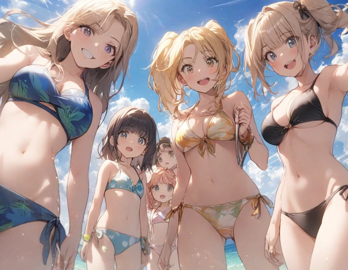 (5girls:1.1),side by side,beach,,from below,swimsuit,bikini,standing,(height difference:1.3), mother and daughter, sisters,