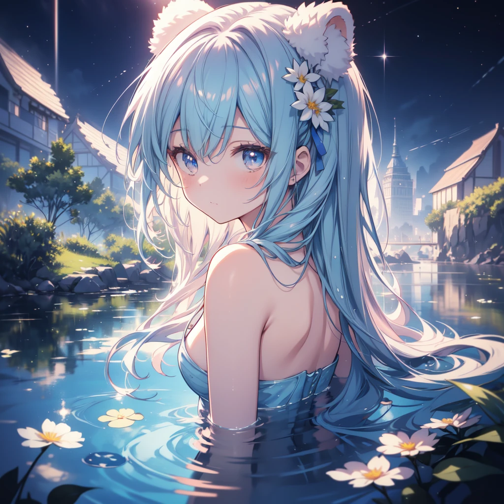 Absurd, High resolution, (Anime Style:1.1), ((Tabletop)), ((Highest quality)), (Very detailed), (beautiful), alone, beautiful face、9. Blue Reflection：A woman looking at a beautiful night view on the shore of a quiet blue pond，Her reflections are、Blending into the natural surroundings。The water surface ripples gently，Creates a sense of tranquility and clarity。12 years old、(Completely naked:1.1)、shooting star、Turn your back、(Cute bear ears)、