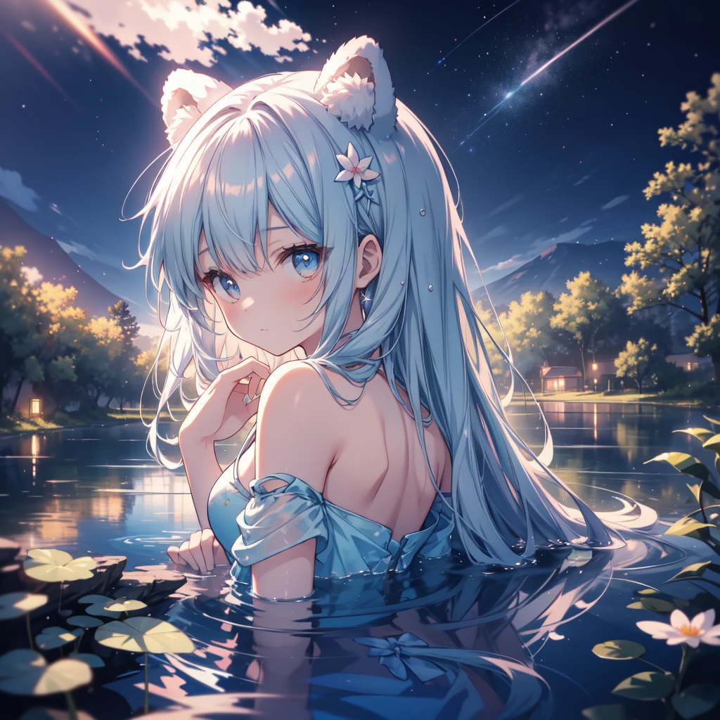 Absurd, High resolution, (Anime Style:1.1), ((Tabletop)), ((Highest quality)), (Very detailed), (beautiful), alone, beautiful face、9. Blue Reflection：A woman looking at a beautiful night view on the shore of a quiet blue pond，Her reflections are、Blending into the natural surroundings。The water surface ripples gently，Creates a sense of tranquility and clarity。12 years old、(Completely naked:1.1)、shooting star、Turn your back、(Cute bear ears)、