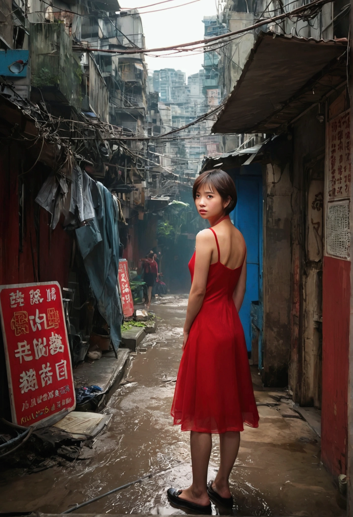 Kowloon City、Backstreets、(Wet ground)、((Delicate depiction))、pipe、duct、electric wire、signboard、plein air, 青いnull, short hair, One girl in a red dress、((Beautiful girl))、null, Looking at the audience, Moody lighting,