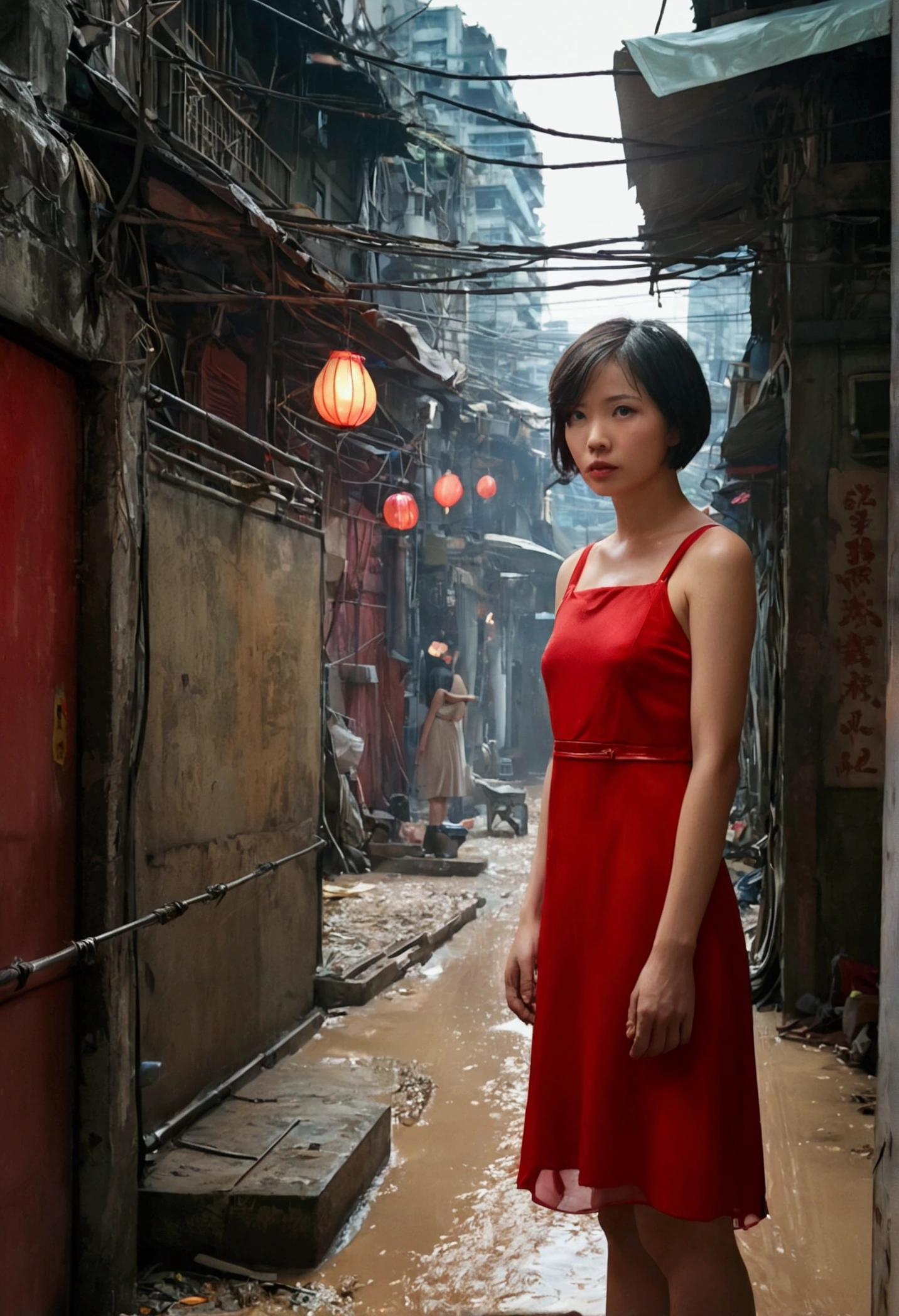 Kowloon City、Backstreets、(Wet ground)、((Delicate depiction))、pipe、duct、electric wire、signboard、plein air, 青いnull, short hair, One girl in a red dress、((Beautiful girl))、null, Looking at the audience, Moody lighting,