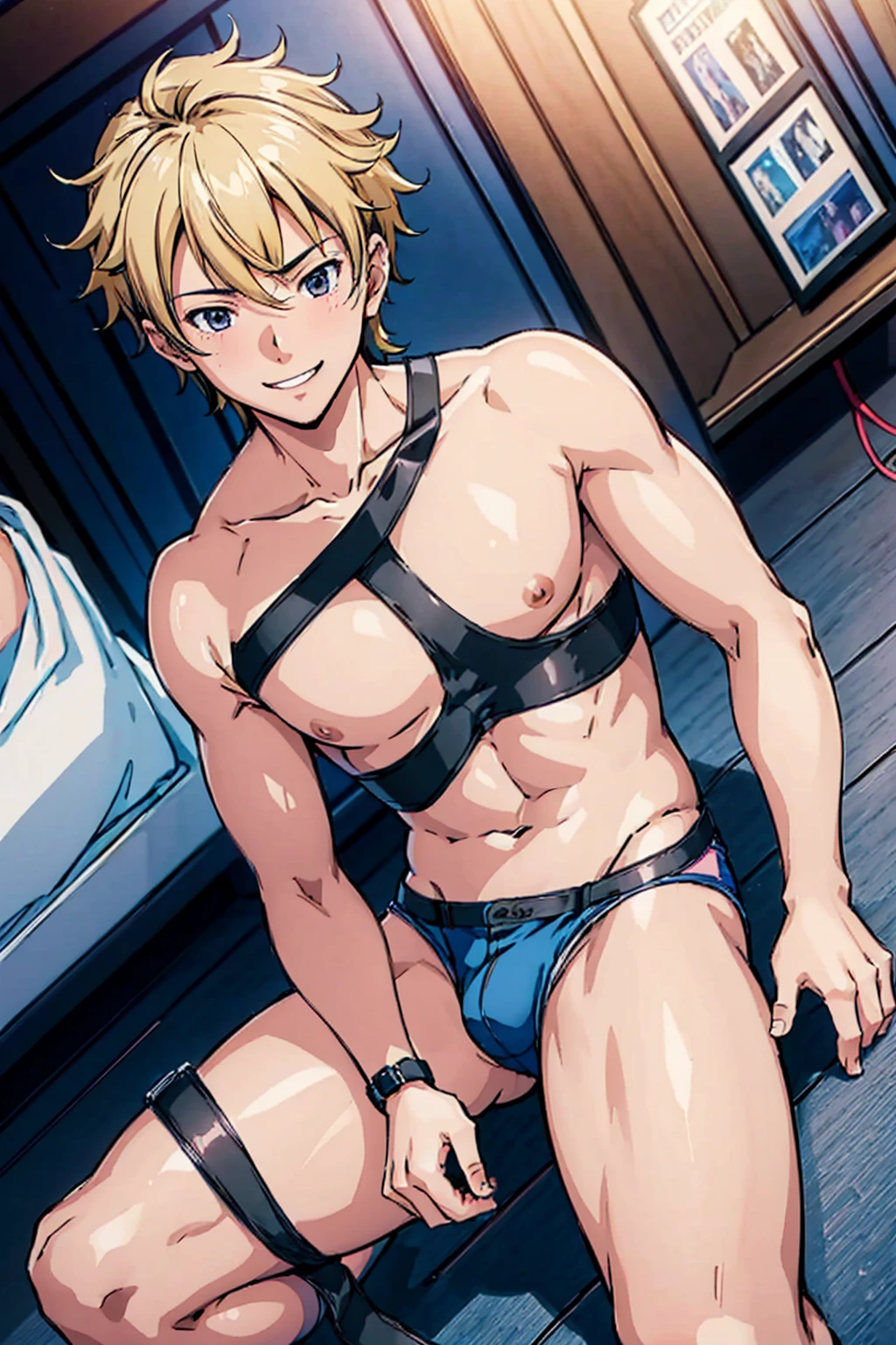 ((8K:1.2),masterpiece, Highest quality, Ultra-high resolution:1.25) beautiful boy anime face, sweet body, no muscular body,  a boy, high schoolface and body emphasis, gay anime hentai, tall boy, no underwear, bedroom alone, sexy pose, (blushing and smile face:1.2), shirtless body, short hair, black eyes, micro shorts, high leg string, want sex, prostitute boy, full body, crotch emphasis, crotch touching, sitting cross-legged,