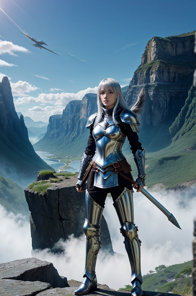 Fantasy Warrior: A brave anime warrior with silver hair, clad in gleaming armor, standing on a cliff overlooking a mystical landscape with dragons flying in the background.