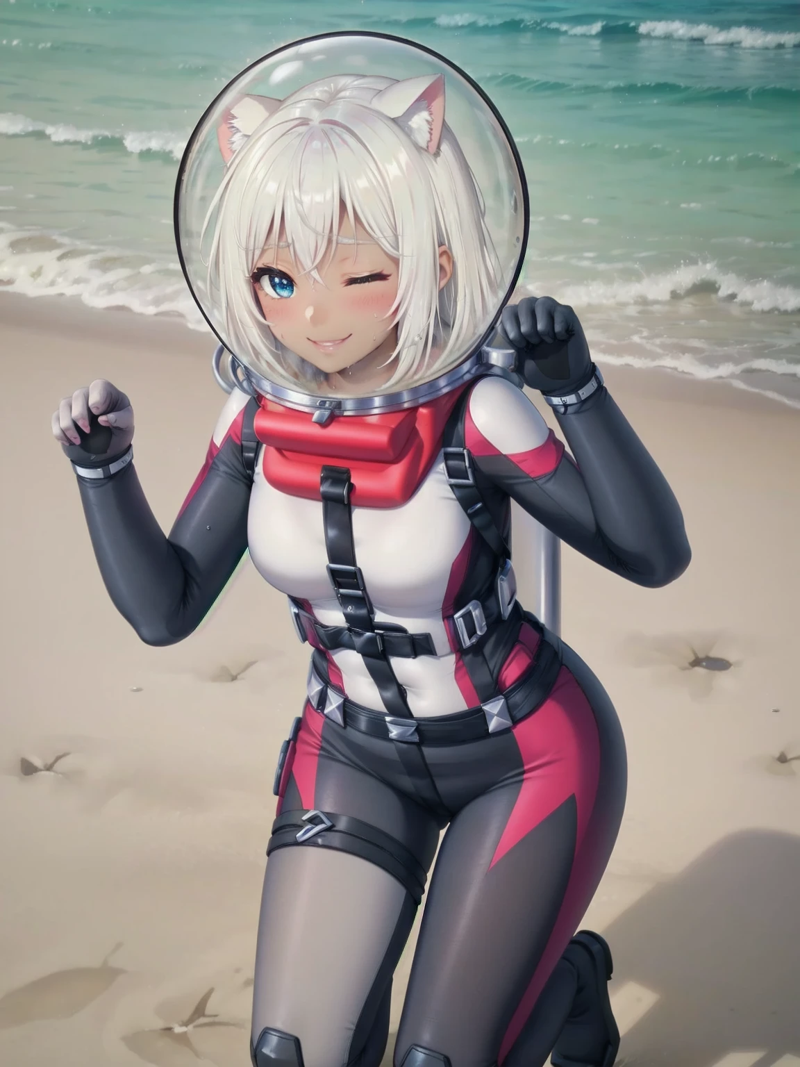 Highly detailed CG, 8k_wallpaper, top quality, masterpiece, higher eyes and nose, very delicate and beautiful, beautiful, detailed, very detailed, intricate, photorealistic, very detailed, (blue eyes: 1), (beautiful hands) , (beautiful fingers ), , (flat chest1.5), necklace (water:1.3), beach, (abs:1.3), (messy hair:1.5), (leaning forward:1), staring audience, (smile:1.3), (one eye closed:1.2), (sweating), (beautiful toes), (:1.5), (1female), (ash white hair:1.5),(middle hair:1 ), (dark skin: 1.4), (thigh girth: 1.3), beautiful, narrow waist, white thigh highs, skin curve, narrow waist, thighs, wide hips, eyeliner, eyelashes, perfect face, detailed eyes, (dark skin : 1.5),,,swimsuit, space helmet, CAT EARS, bubble helmet, eva helmet, WHITE BODYSUIT, FROM BELOW, (PAW POSE:1.5)