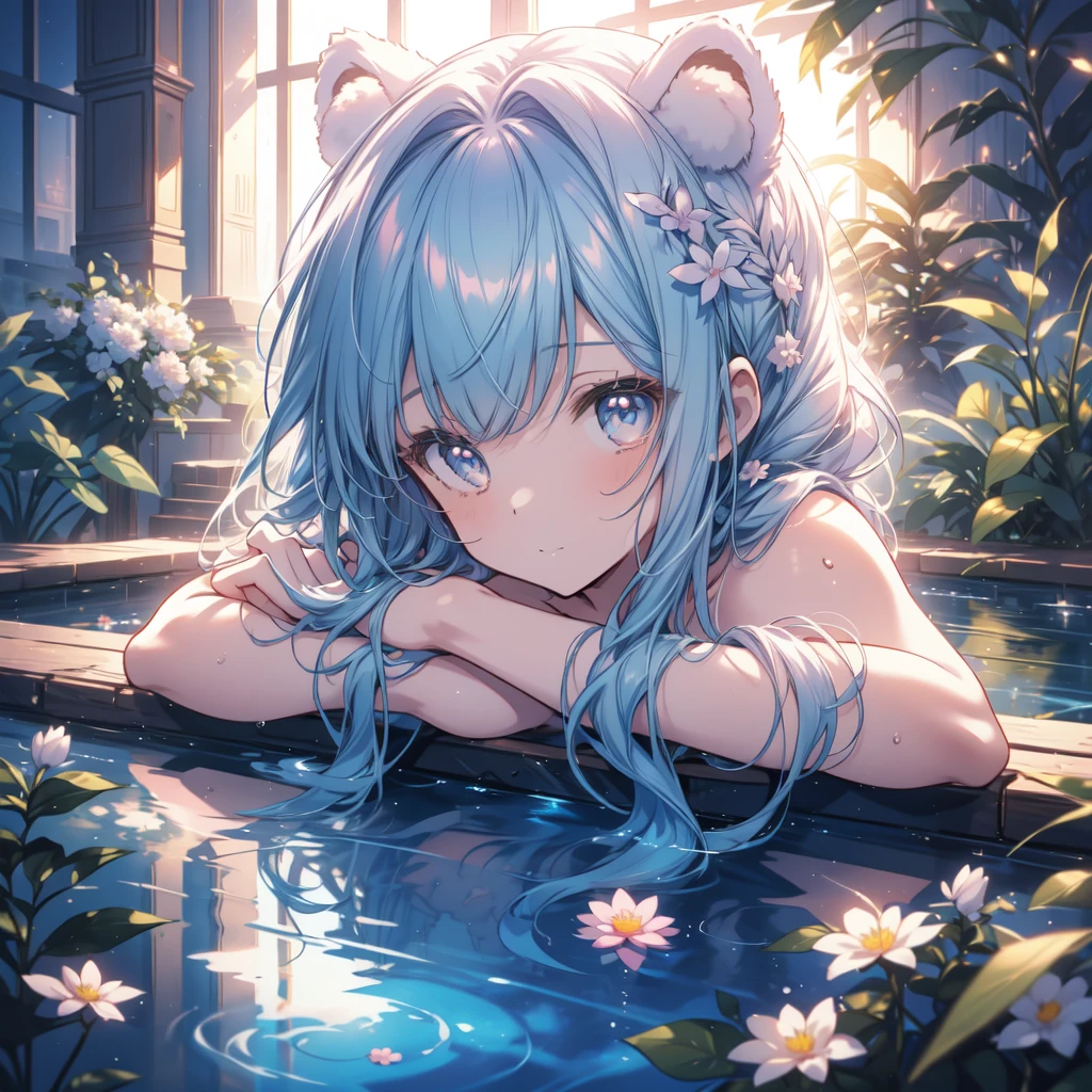 Absurd, High resolution, (Anime Style:1.1), ((Tabletop)), ((Highest quality)), (Very detailed), (beautiful), alone, beautiful face、9. Blue Reflection:A woman looking at a beautiful night view on the shore of a quiet blue pond,Her reflections are、Blending into the natural surroundings。The water surface ripples gently,Creates a sense of tranquility and clarity。12 years old、(Completely naked:1.1)、shooting star、(Cute bear ears)、