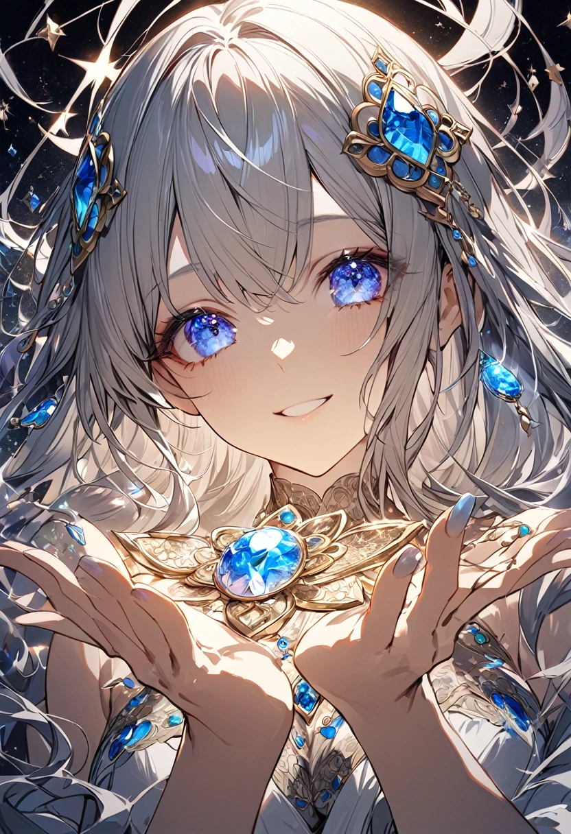 masterpiece: 1.7, Highest quality、(Extremely detailed CG、Ultra-detailed、Best Shadow:1.2)、solo、Upper body、Picturesque、sketch、Paper Texture、Ultra-high resolution、Highly detailed face、Highly detailed eyes、Flat Color、Limited palette、Low contrast、Realistic、Best lighting、goddess、elegant、Leprechaun、Mature Woman、Beautiful woman、Jewel Eyes、Gray Hair、Straight hair、Blue Gem、Blue Gemを両手に持つ、Smile a little、Well-formed hands、Blanche:1.3、(Tangleた、And Mandalas、Tangle、Intertwined:1)、Background Stars、Fine Gemstones