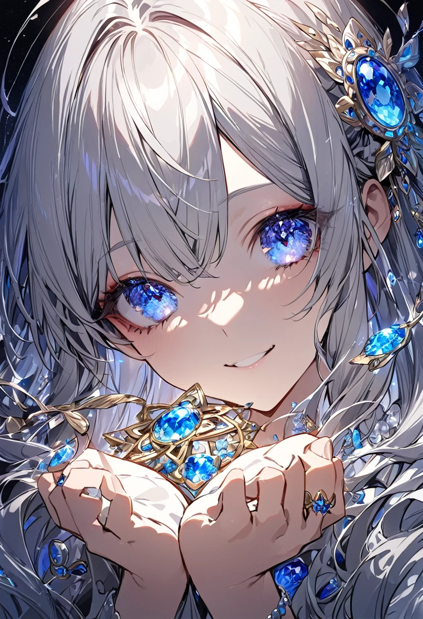 masterpiece: 1.7, Highest quality、(Extremely detailed CG、Ultra-detailed、Best Shadow:1.2)、solo、Upper body、Picturesque、sketch、Paper Texture、Ultra-high resolution、Highly detailed face、Highly detailed eyes、Flat Color、Limited palette、Low contrast、Realistic、Best lighting、goddess、elegant、Leprechaun、Mature Woman、Beautiful woman、Jewel Eyes、Gray Hair、Straight hair、Blue Gem、Blue Gemを両手に持つ、Smile a little、Well-formed hands、Blanche:1.3、(Tangleた、And Mandalas、Tangle、Intertwined:1)、Background Stars、Fine Gemstones