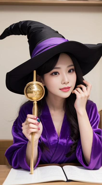 Please draw a beautiful witch。She is wearing a purple robe、I have a magic wand。Black Hair