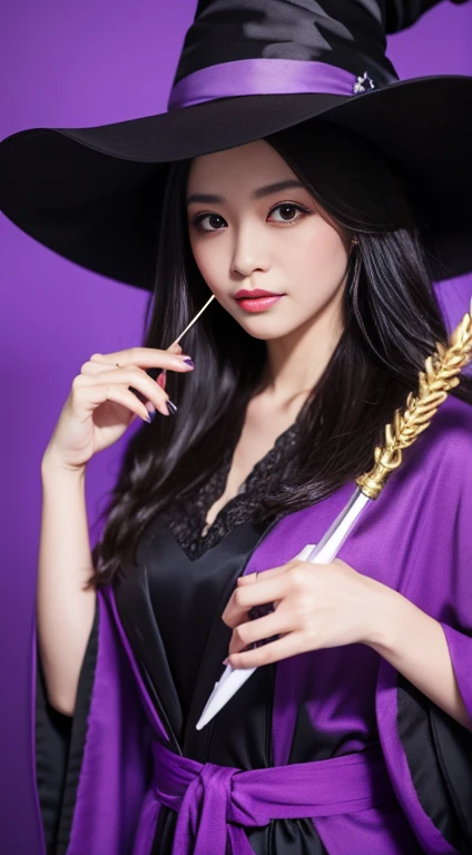 Please draw a beautiful witch。She is wearing a purple robe、I have a magic wand。Black Hair