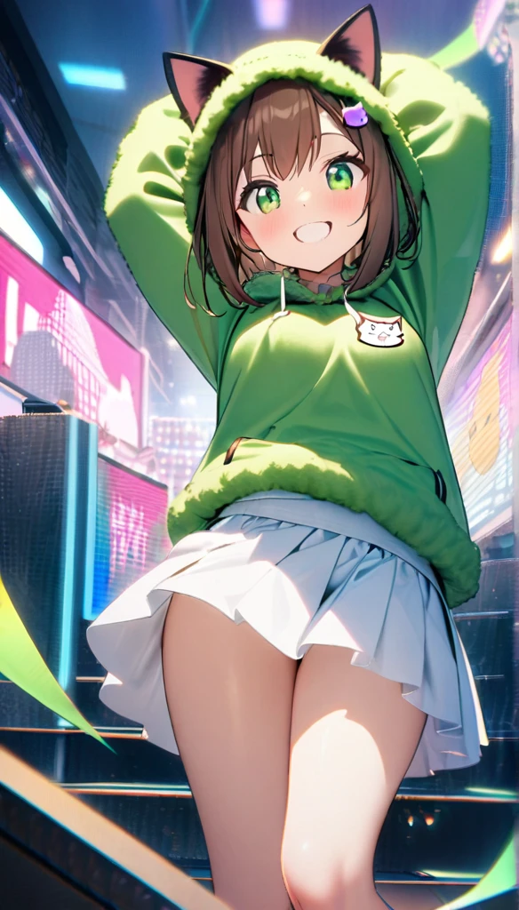 1girl,brown short straight hair,green eyes,cat ears accessory,white blazer on top a green fluffy hoodie,white skirt,perfect lean body, enthusiastic smile ,8k,high definition,hologram cat statue background,