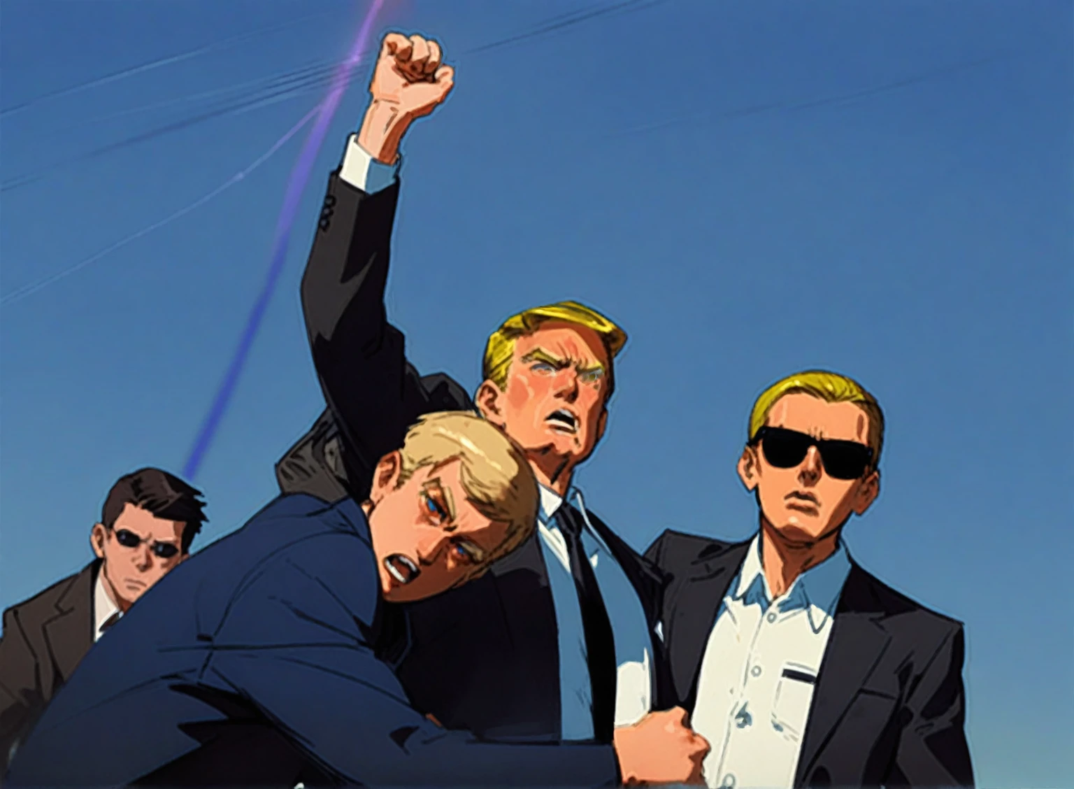 Three were wearing suits、Men wearing sunglasses standing together, Donald Trump in《Attack on Titan》middle, Donald Trump in堡垒之夜, phil noto 和 james jean, Donald Trump&#39;s, Donald Trump Fortnite Skin, Victory Pose, Donald Trump as Baron Harkonnen, Otto Schmidt, author：Tomer Hanuka, Donald Trump as Captain America, Phil Noto comic cover art