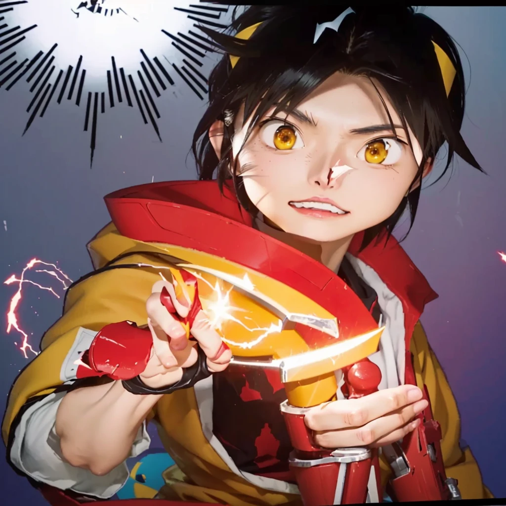 a close up of a cartoon character holding a knife, an epic anime of a energy man, epic anime style, megaman as pikachu, guilty gear strive graphics, guilty gear strive splash art, in the style of akira, anime elon musk, wearing red and yellow hero suit, akira artstyle, akira art style, akira from chinese mythology, the world ends with you