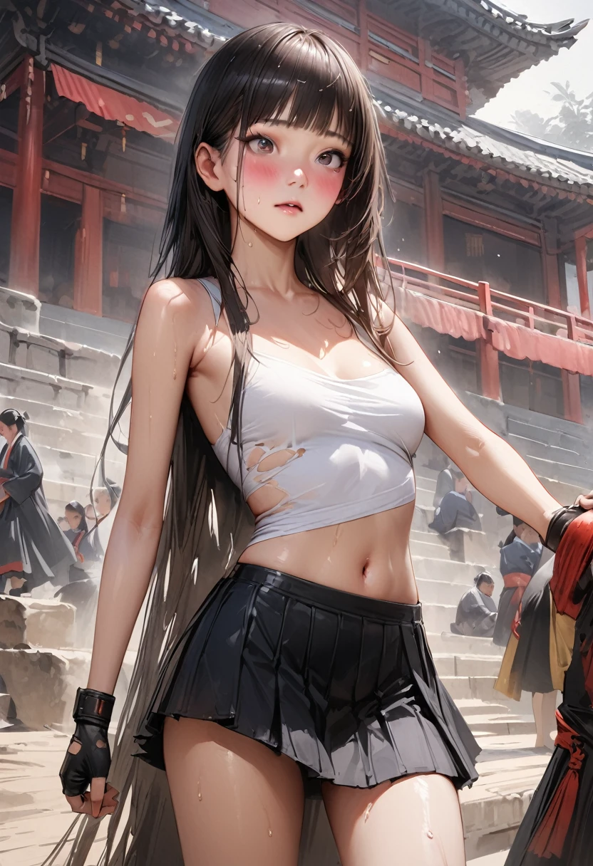 realistic。((masterpiece,Highest quality:1.3,best quality illustration)),cowboy shot,独奏,1woman,18 year old beauty,black hair,long hair,bangs,black eyes,gorgeous big eyes,((very small head:1.3)),blush,((very long body:1.2,skinny)),medium breasts,(Injury、Torn clothing)、White tube top shirt、navel、(Black pleated mini skirt),Brown leather fingerless gloves、sweat,in heat,gleaming skin,toned body,slender body、Martial arts stance,standing,Martial Arts Matches、amphitheater、