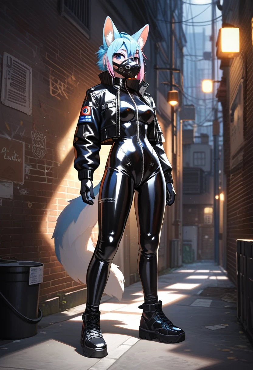 animation, Highest quality, Highest quality, High quality illustrations, masterpiece, Ultra-high resolution, Detailed Background, Alley, Absurd, Perfect Anatomy, performance, Good lighting, Shadows in the movies(kemono, Furry Personifi猫ion), Rubber suit, latex, neon, neonライト, neonカラー, Bodysuits, Cyber Suit, Leather Half Jacket, cyber punk, Rubber mask