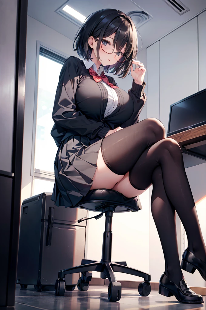 1 girl, glasses, (full body:1.2), sitting, (angle from below:1.1), (angle from the side:1.1), blush, (slim body:1.2), (huge breasts:1.3), (slender and long legs:1.1), black hair, short hair, white long sleeve shirt, pleated skirt, (black tights:1.1), black loafers,