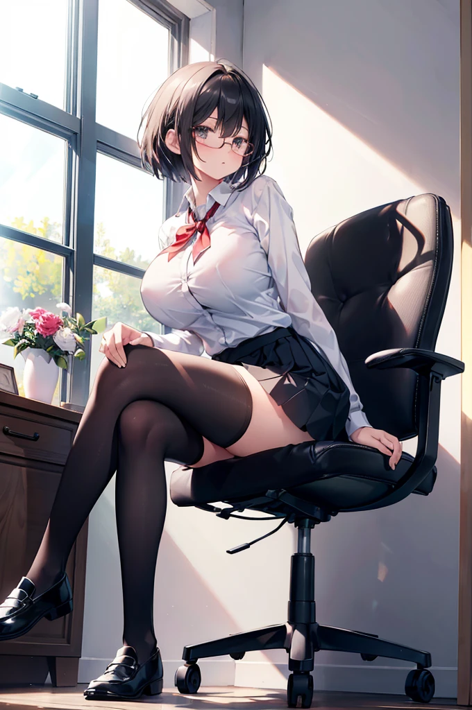 1 girl, glasses, (full body:1.2), sitting, (angle from below:1.1), (angle from the side:1.1), blush, (slim body:1.2), (huge breasts:1.3), (slender and long legs:1.1), black hair, short hair, white long sleeve shirt, pleated skirt, (black tights:1.1), black loafers,